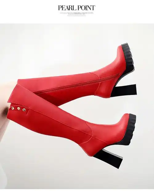 洋湖轩榭2019秋冬新款中筒靴高跟厚底防水台骑士靴粗跟长筒靴高筒靴