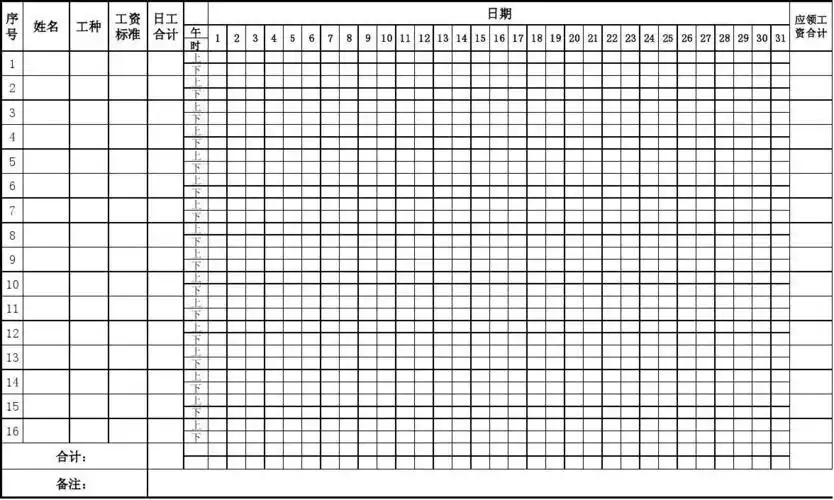 工人考勤表(格式)