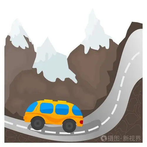 卡通巴士在山区道路上插画-正版商用图片066iga-摄图新视界