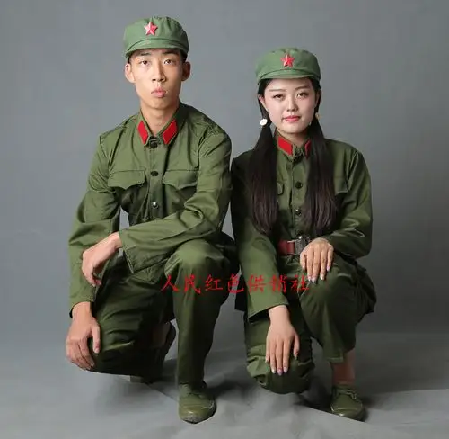 65式老式军装男女军绿涤卡套装怀旧知青红卫兵五角星演出服装58