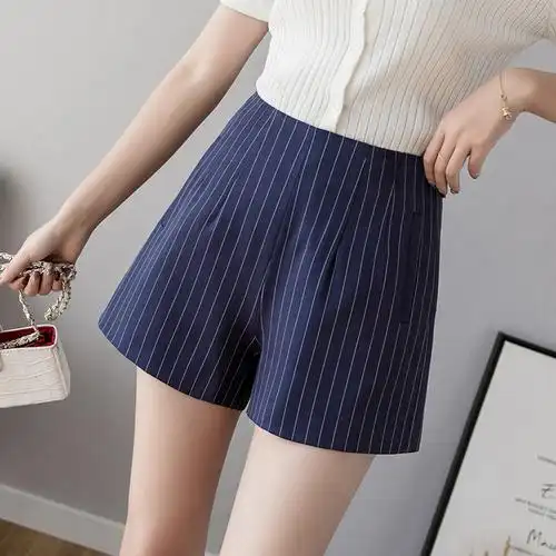 韩版高腰条纹短裤女夏季大码宽松显瘦a字裤学生外穿阔腿休闲裤子