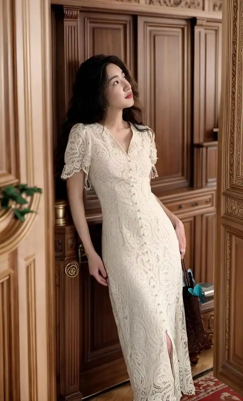 wow～被这件法式浪漫蕾丝连衣裙美到了~香槟色法式浪漫v领蕾 - 抖音