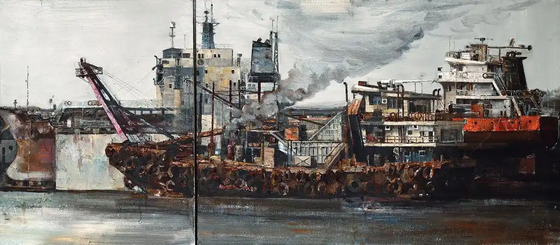 0695 《江岸工业区—船厂》 布面油画