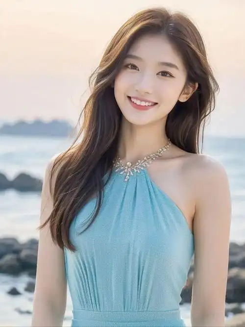 美女,青春洋溢!海边微笑女神,宽松蓝裙随风舞,尽享阳光海风