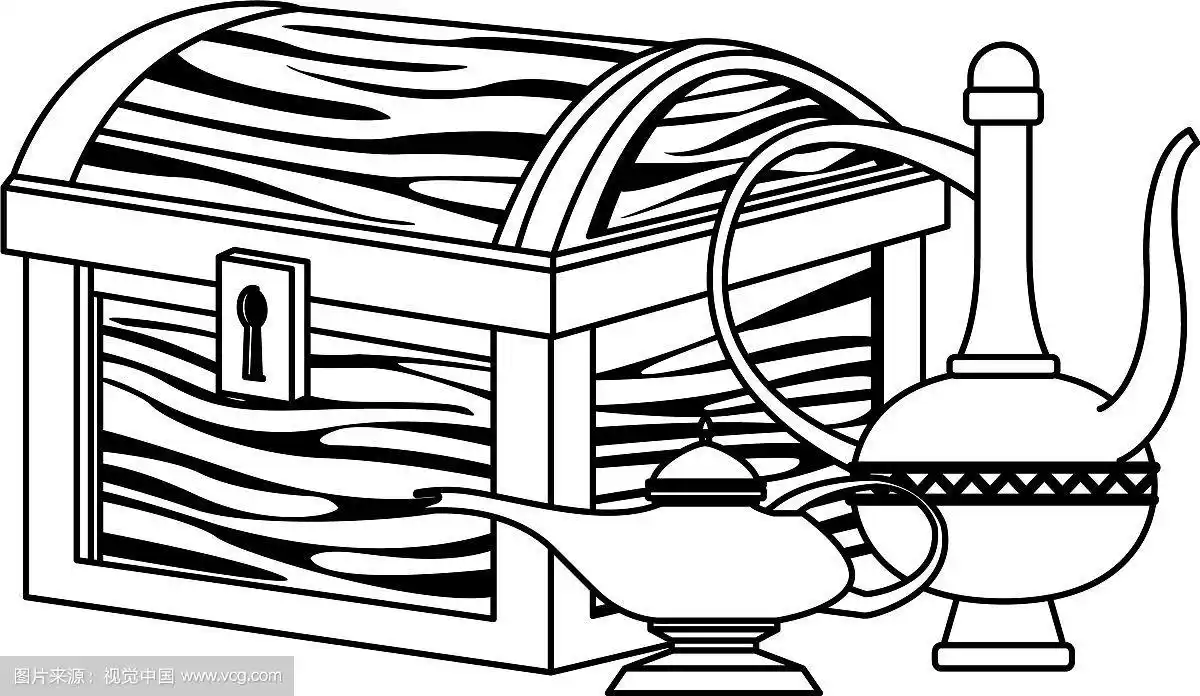 魔法灯与木制箱子在黑色和白色