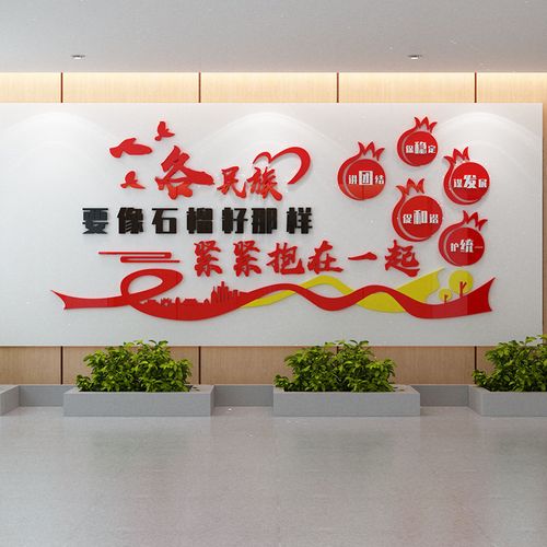 民族团结文化墙设计团结走廊形象背景墙面装饰石榴籽精神立体墙贴