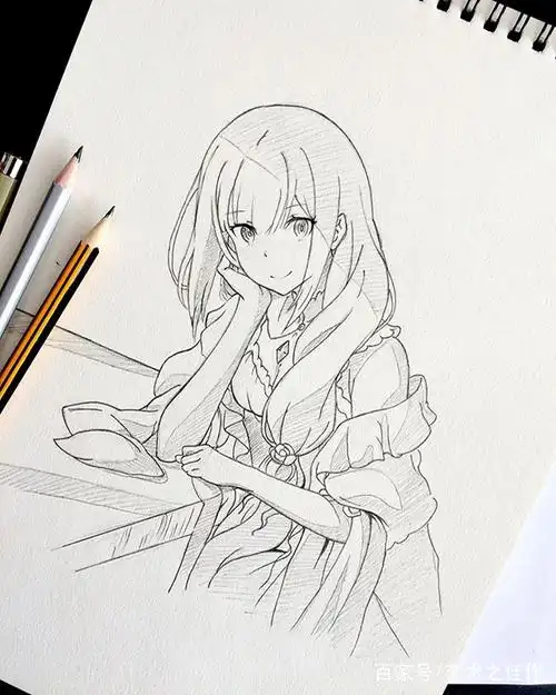 手绘动漫人物黑白稿,漂亮的美少女,好喜欢