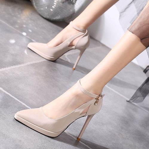 尖头高跟鞋细跟防水台浅口2022新款一字性感镂空单鞋