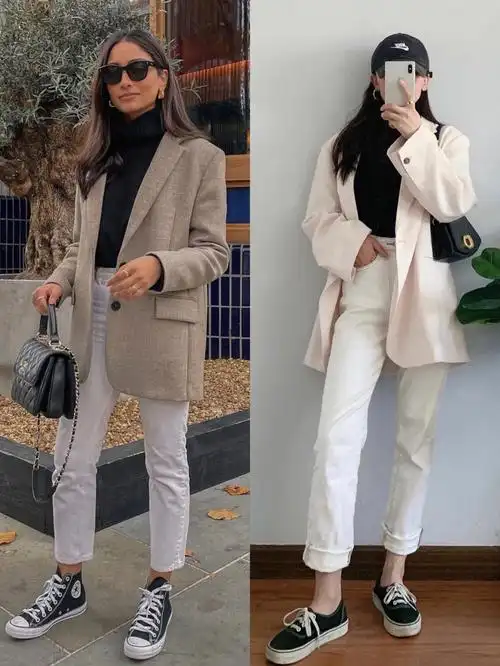 0269♀15搭配黑色毛衣,米色系西服和黑色帆布鞋,干净利落,温柔