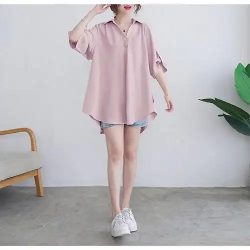 加肥加大码中年妈妈雪纺衬女装胖mm雪纺短袖衬衫遮肚子显瘦上衣减龄胖