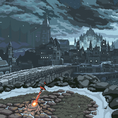 是一款像素风格的《黑暗之魂》相关动态壁纸,取自游戏的"冷冽谷"这一