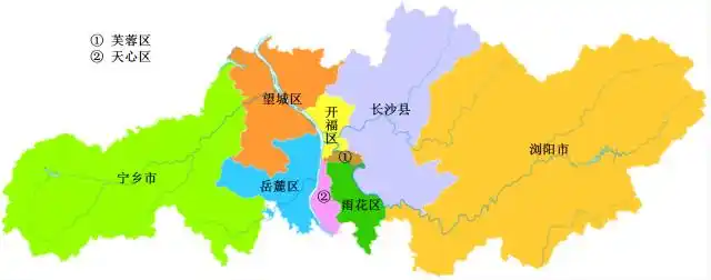 长沙市9个县级(区,县,县级市)行政区划地图长沙市共辖6个市辖区,2个