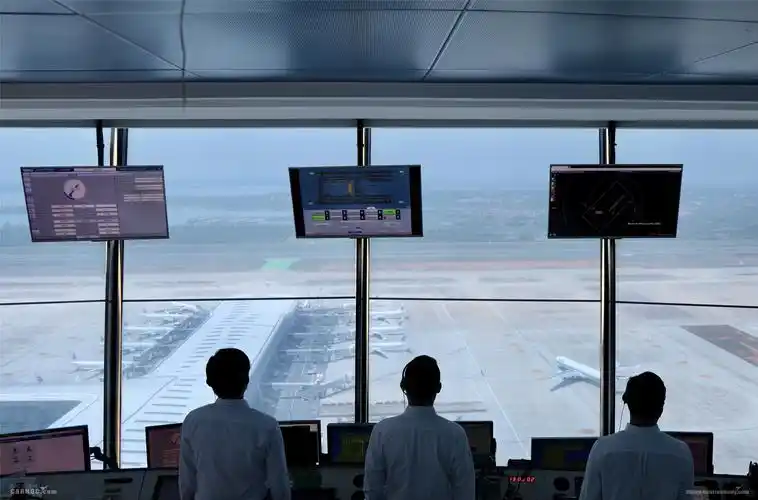 机场的115米高塔台上,三名来自湖北空管分局的管制员正站立着眺望远方