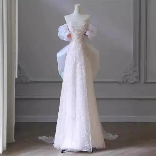 晚礼服女2024新款高级感重工轻奢一字肩轻婚纱迎宾出门订婚礼服裙