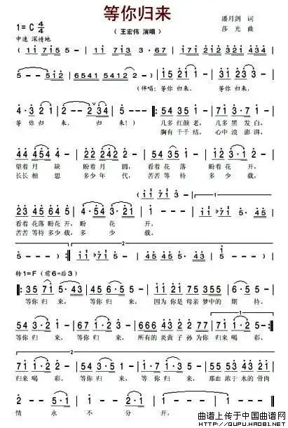 歌曲等你归来的简谱歌谱下载