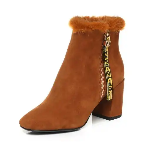 belle/百丽冬棕色时尚优雅羊绒皮女短靴17710dd7