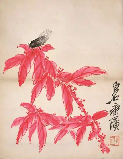 齐白石红叶知了纸本立轴