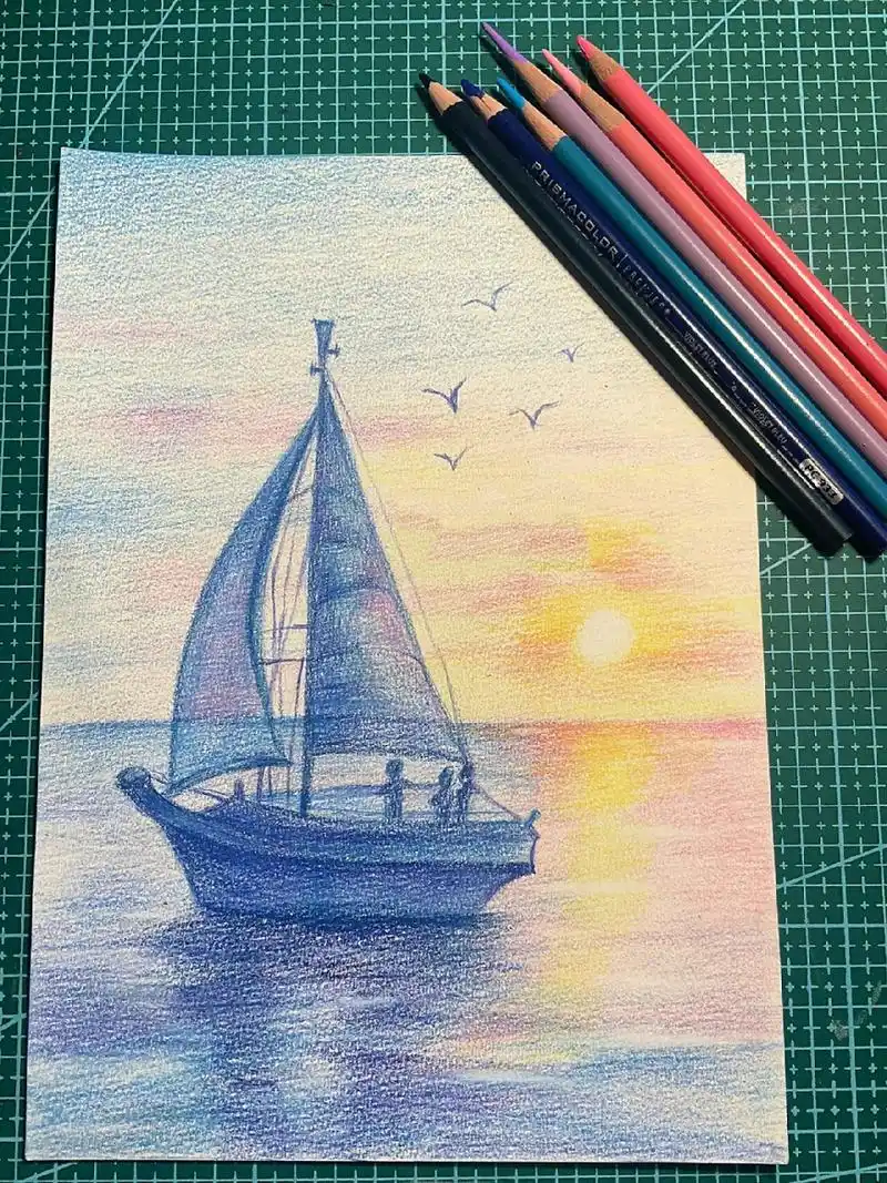 彩铅风景,海平面,彩铅海景 彩铅风景,海平面,彩铅海景