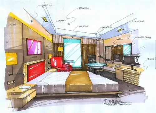 此为四星级酒店标准客房手绘图,风格以简约