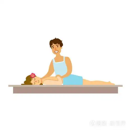 年轻女子在健康工作室有舒适的按摩服务.丰富多彩的卡通人物