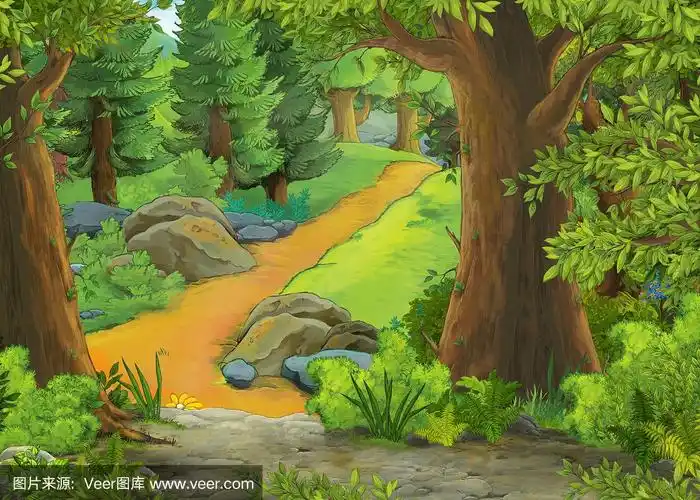 卡通场景与山和山谷与农舍隐藏在森林