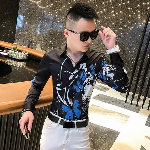 社会长袖男修身印花衬衣帅气网红夜店上衣韩版痞帅精神小伙花衬衫