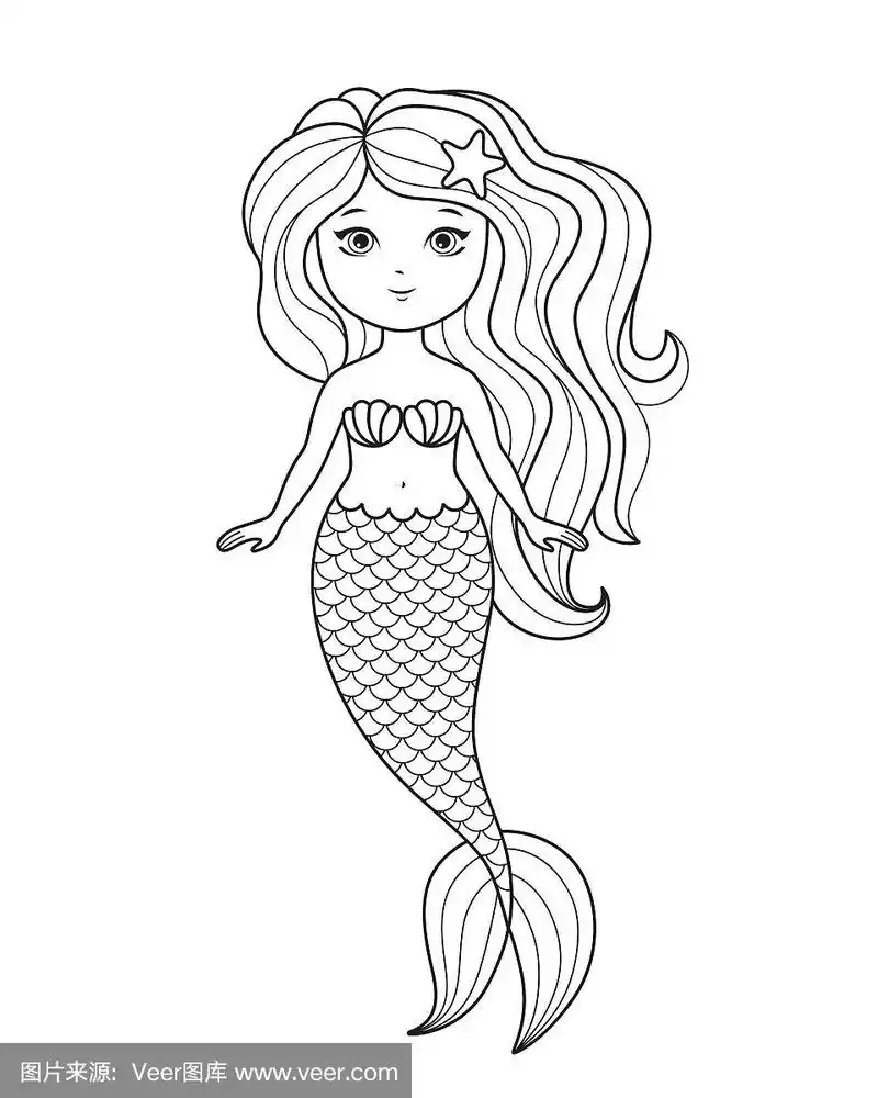 可爱的小美人鱼涂色页.儿童彩色书矢量插图.