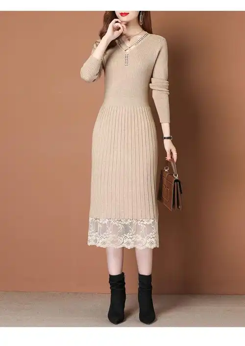 冬款连衣裙内搭新款秋冬针织连衣裙年女装打底衫女洋气蕾丝过膝毛衣裙
