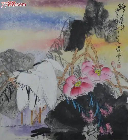 四尺斗方精品写意花鸟画作品《荷塘白鹭》hn0969