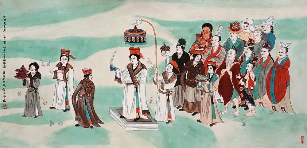 0130吐蕃赞普与各国王子礼佛图镜心设色纸本