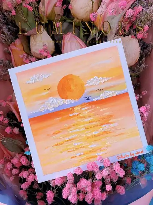 油画棒风景作品海上日落图片里附色号