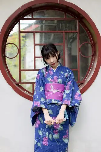 樱之美 蓝树叶仿竹节麻和服浴衣女日本传统和服烟火大会和服正装