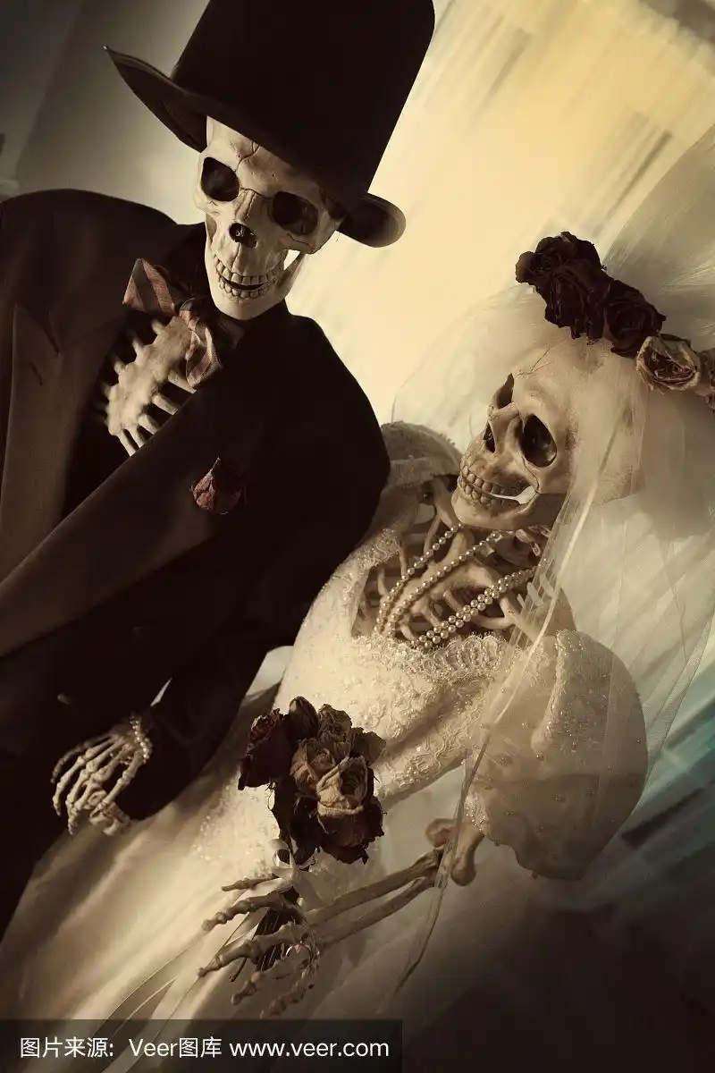 万圣节的死亡婚礼骷髅夫妇纵向肖像