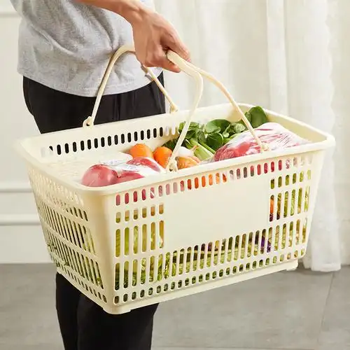 超市购物篮手提篮新料加厚大号塑料框实底家用便利店商场买菜篮子