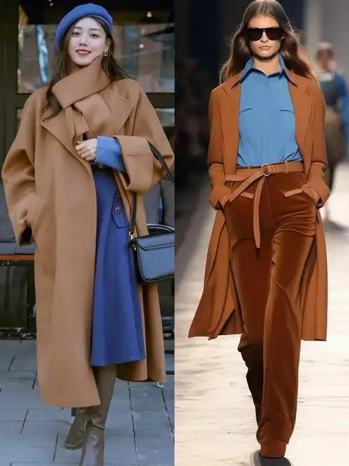 但搭配焦糖色衣服时,一定要找到配色的平衡点,利用服装颜色的面积大小