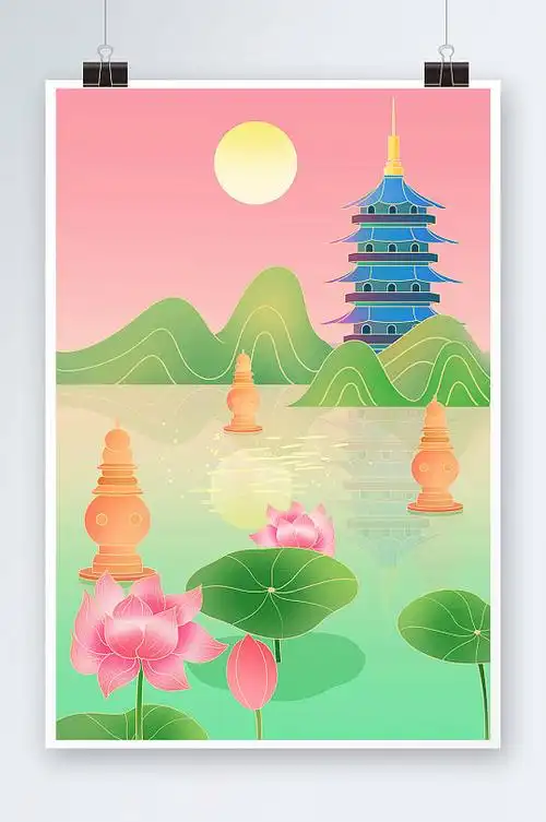 国潮三潭印月杭州城市地标建筑插画