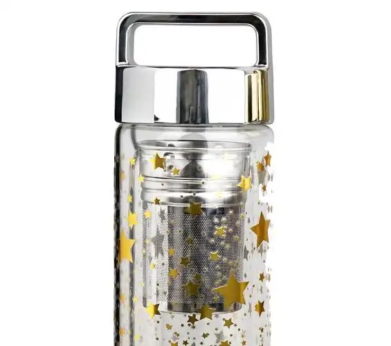 400毫升自定义标志 bpa 免费星星贴花热水茶输液器玻璃瓶与金属盖子