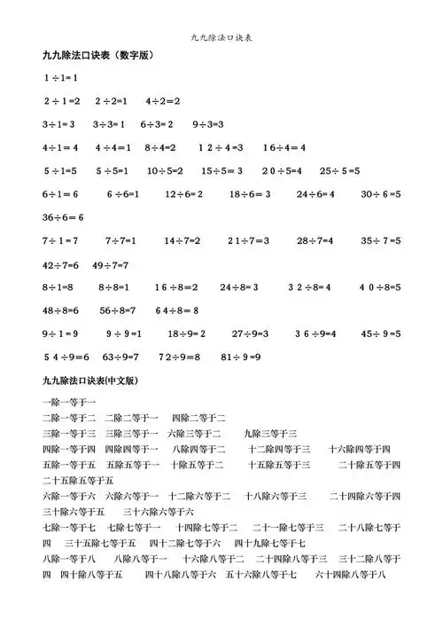 九九除法口诀表