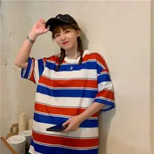 夏装~新款韩版圆领宽松大码条纹印花中长款ins短袖t恤女图片