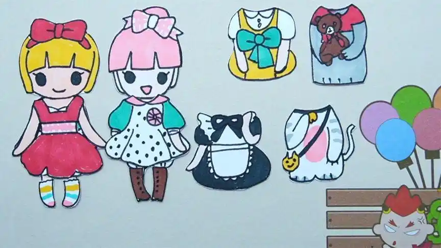 纸娃娃小女孩换装秀,连衣裙,动物衣服和公主裙手工贴纸