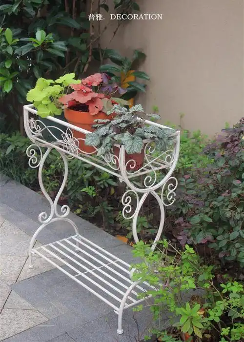 斯柏克 户外美式复古铁艺双层落地花架庭院花园阳台装饰花箱收纳