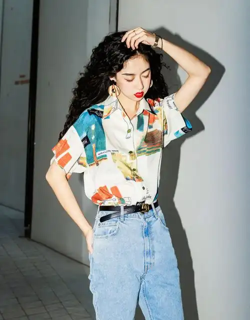 雪纺衫短袖古着感港风衬衫女复古冷淡宽松印花短袖花衬衣雪纺米白色s