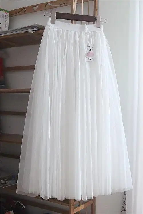 范黛西白纱裙2021春夏新款白色网纱裙半身裙a字中长款裙高腰裙大摆裙