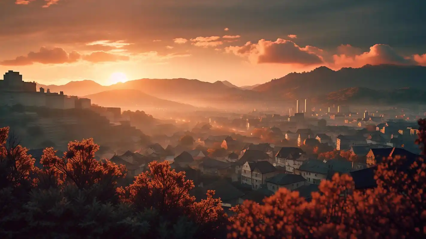 黄昏下的城镇风光9495