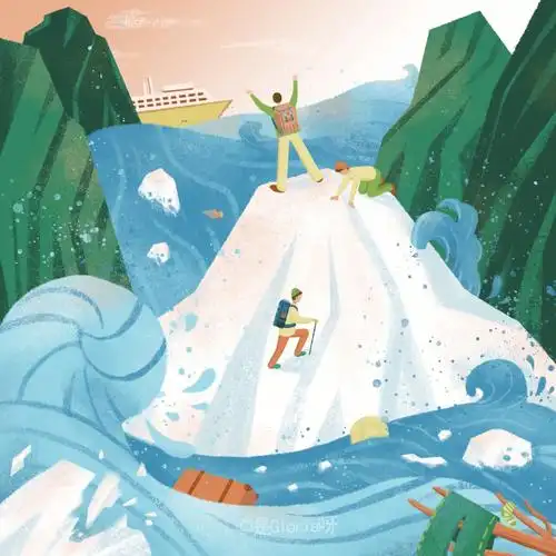 于是,画面记录了登山者攀登到山顶时发现这座山要融化了,向远方船只