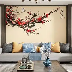 现代新中式梅花壁纸沙发电视背景墙硬包壁画客厅花鸟墙纸花卉墙布