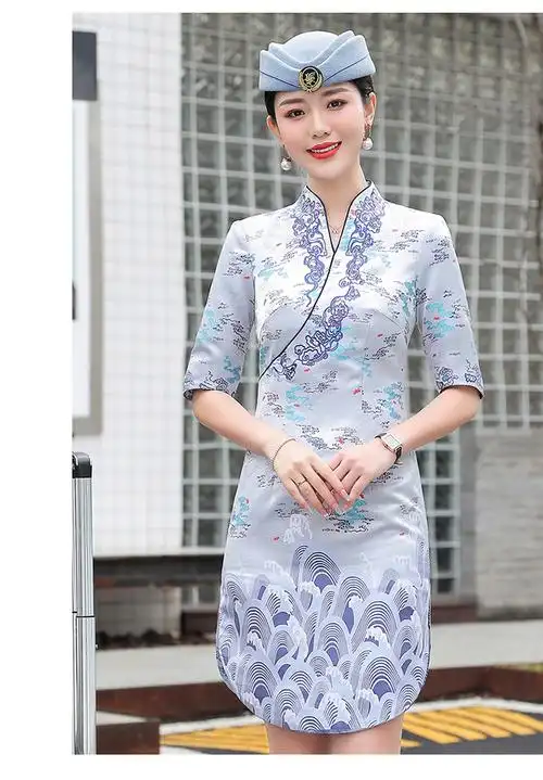 春夏改良旗袍连衣裙中袖时尚职业装酒店迎宾工作服海航空姐制服女