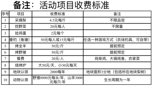 活动项目收费标准