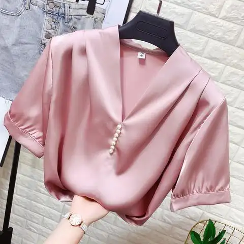 钉珠v领丝绸缎面衬衫女夏ol气质职业套头雪纺衫法式小众白色上衣