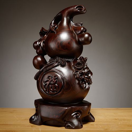 饰摆设红木工艺品 观古黑檀实木质雕刻葫芦摆件大号客厅家居玄关装